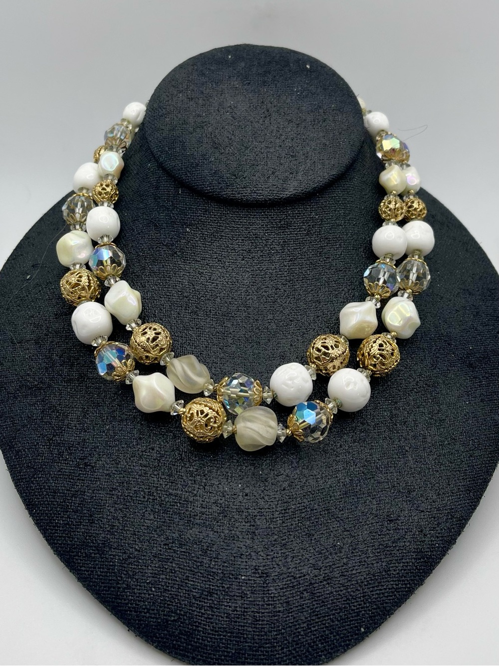 Vintage Vendome Milk Glass & Crystal Double Strand Necklace Signed Estate Piece